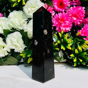 Op de afbeelding: Een zwarte kristallen obelisk met een gepolijst oppervlak en kleine, gespikkelde insluitsels. Het kristal is rechthoekig met een puntige top. De achtergrond toont witte, roze en gele bloemen.
