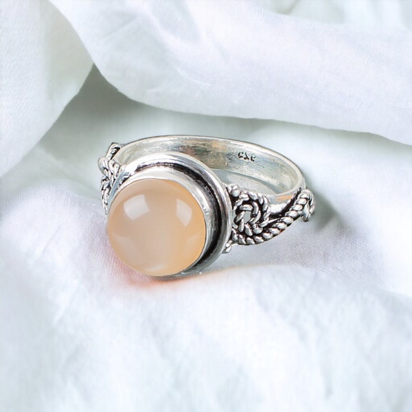Handmade Natural Peach Moonstone Ring, Gemstone Ring, Peach Statement Ring, 925 Sterling Silver Jewelry, Wedding Gift, Ring For Girl Friend