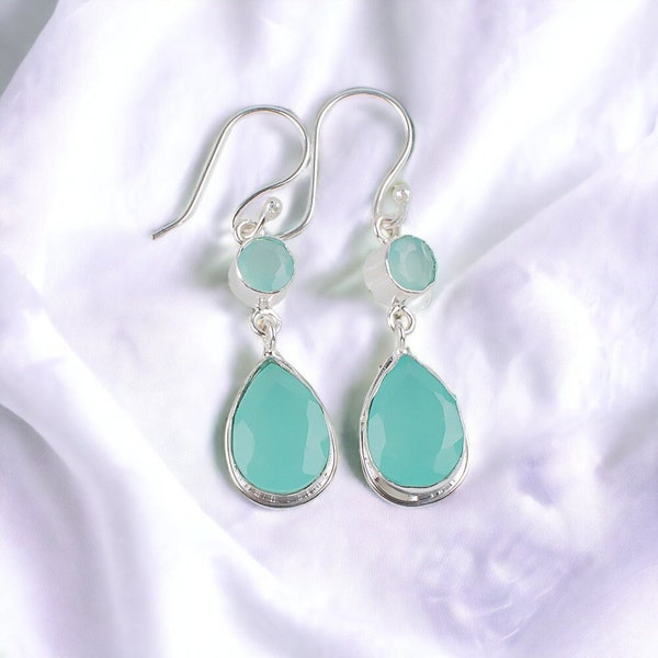 Exquisite Aqua Chalcedony Earrings, Blue Drop & Dangle Earrings, 925 Sterling Silver Handmade Jewelry, Wedding Gift, Earrings For Her