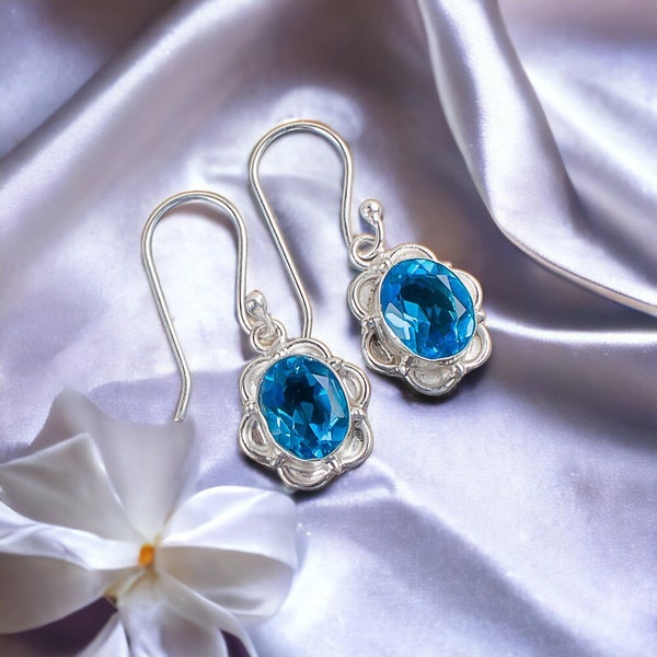 Rare Swiss Blue Topaz Earrings, Blue Drop & Dangle Earrings, 925 Sterling Silver Jewelry, Anniversary Gift, Earrings For Mother