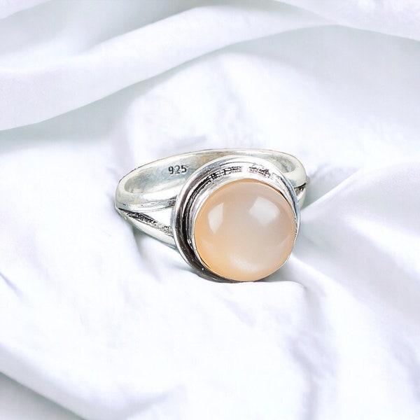 Rare Peach Moonstone Ring, Gemstone Ring, Peach Statement Ring, 925 Sterling Silver Jewelry, Wedding Gift, Ring For Mother