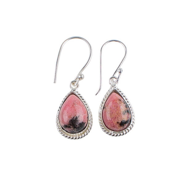 Rare Black Rhodonite Earrings, Pink Drop & Dangle Earrings, 925 Sterling Silver Jewelry, Wedding Gift, Earrings For Mother