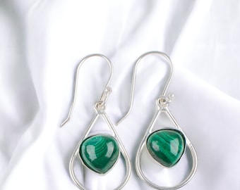 Green Malachite Earrings, Gemstone Earrings, Green Drop & Dangle Earrings, 925 Sterling Silver Jewelry, Anniversary Gift Earrings For Mother