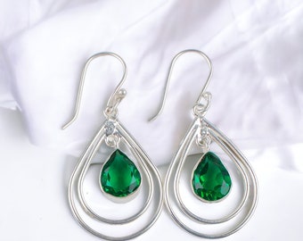 Natural Emerald Earrings, Gemstone Earrings, Green Drop & Dangle Earrings, 925 Sterling Silver Jewelry, Birthday Gift, Earrings For Mother