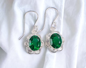 Green Emerald Earrings, Gemstone Earrings, Green Drop & Dangle Earrings, 925 Sterling Silver Jewelry, Wedding Gift, Earrings For Mother