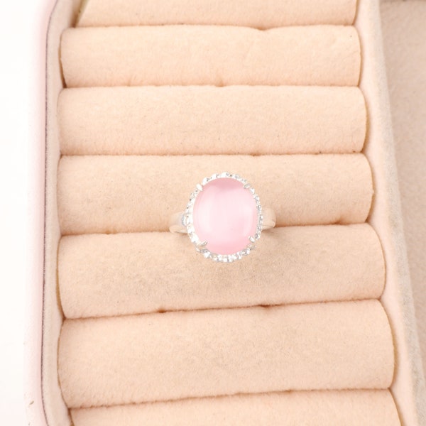 Pink Cat’s eye 925 Sterling Silver Ring, Pink Cat’s eye Ring, Unique Boho Jewelry, Pink Stone Ring, Birthday Gift, Statement Ring For Friend