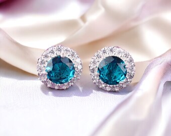 Genuine Apatite Gemstone And White Cubic Zirconia Studs, 925 Sterling Silver Jewelry Earrings, 8mm Round Shape Studs, Pretty Jewelry For Her