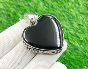 Black Onyx Gemstone Handmade 925 Sterling Silver Pendant, Black Onyx Pendant, Vintage Heart Pendant For Her, Gift For Mom, Pendant For Her