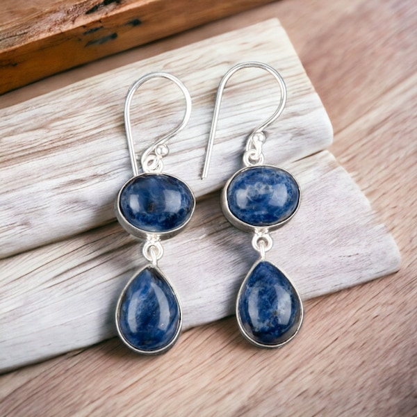 Rare Sodalite Gemstone Earrings, Natural Gemstone Earrings, 925 Sterling Silver Earrings, Handmade Earrings, Blue Drop & Dangle Earrings