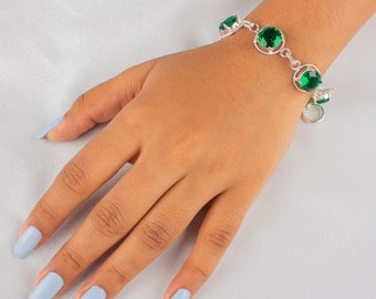 Emerald Bracelet, 925 Sterling Silver Bracelet, May Birthstone Bracelet, Faceted Gemstone Bracelet, Wedding Gift, Emerald Bracelet For Women