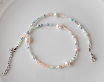 Mixed Color Beaded Necklace, Pearl Beaded and Seed Bead Choker, White Bead Jewelry, Summer Pendant, Gift idea Girlfriend wife Sister Mother