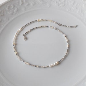Dainty Mixed Bead and Mixed Pearl Bead Adjustable Necklace, Thin Grey and White Seed Beaded Layering Choker, Glass Seed Bead Jewelry
