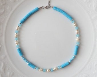 Turquoise Heishi Bead and Pearl Beaded Necklace, Summer Bead Necklace, Glass Bead Adjustable Necklace Choker