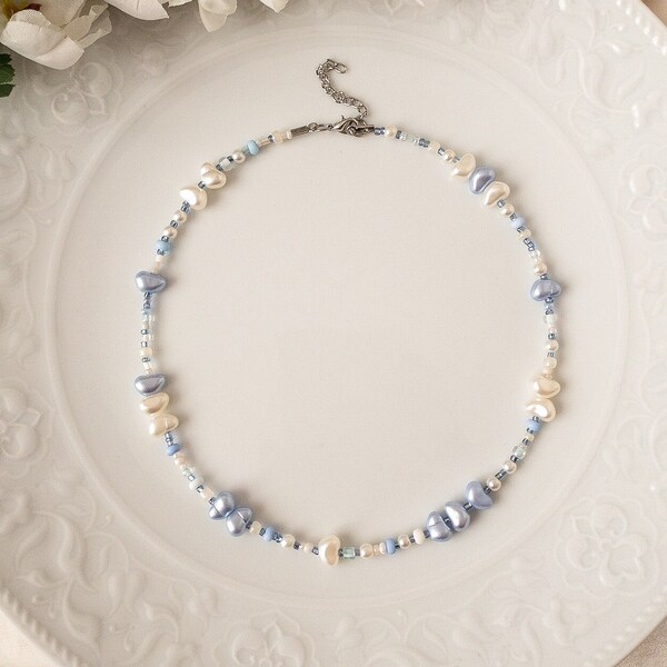 Blue Mixed Bead and Pearl Adjustable Necklace, Dainty Blue Pearl Layering Choker, Victorian Jewelry, Gift for Necklace