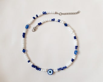 Evil Eye Necklace, Blue Bead and White Bead Necklace, Mixed Beaded Choker, Summer Pendant, Preppy Jewelry, Choker Necklace for Women Beaded