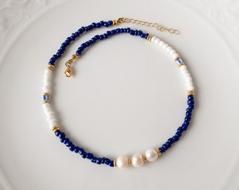 Freshwater Pearl and Bead Necklace, Dark Blue and White Bead Adjustable Jewelry, Romantic Beaded Fresh Water Pearl Choker