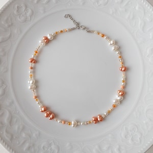 Orange Mixed Bead and Pearl Adjustable Necklace, Dainty Orange Pearl Layering Choker, Summer Aesthetic Jewelry, Pearl Necklace for Women