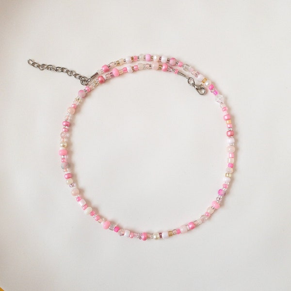 Aesthetic Pink Random Mixed Beaded Adjustable Necklace, Soft Summer Jewelry, Choker Necklace for Women Beaded
