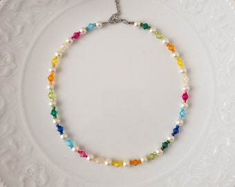 Colorful Beaded Necklace, Mixed Bead Adjustable Necklace, Multicolored Bead and Pearl Beaded, Dainty Layering Choker