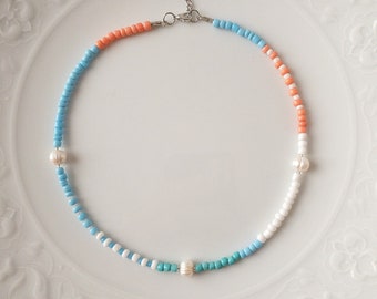 Summer Necklace with Freshwater Pearl and Mixed Bead, Turquoise Blue and White Bead Adjustable Jewelry, Beautiful Real Pearl Necklace