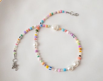 Mixed Beaded and Pearl Beaded Adjustable Necklace, Colorful Beaded Necklace, Random Bead Jewelry, Summer Choker, Beaded Necklaces for Women