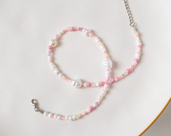 Pink Mixed Beaded and Pearl Adjustable Necklace, Aesthetic Pearl Necklace with Pendant, Pink Beaded Choker, Beaded Necklace for Women