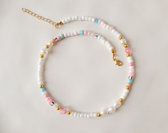 Mixed Color Beaded and White Bead Necklace, Pearl Beaded and Pink Seed Bead Choker, Summer Pendant, Preppy Jewelry