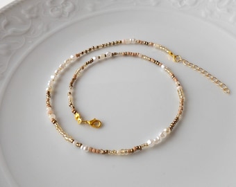 Mixed Bead and Mixed Pearl Bead Adjustable Necklace, Gold Seed Beaded Necklace, Dainty Layering Choker, Glass Seed Bead Jewelry