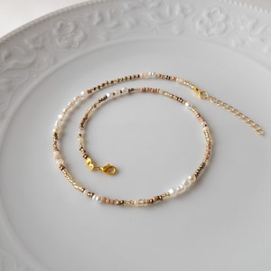 Mixed Bead and Mixed Pearl Bead Adjustable Necklace, Gold Seed Beaded Necklace, Dainty Layering Choker, Glass Seed Bead Jewelry