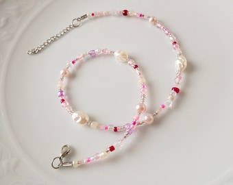 Estate Pink Pearl and Mixed Beaded Necklace, Soft Colors Bead Adjustable Jewelry, Romantic Pearl Choker, Necklace for Summer