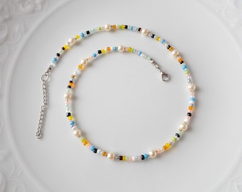 Mixed Colorful Bead and Pearl Beaded Necklace, Random Seed Bead Jewelry, Adjustable Necklace Choker, Summer Necklace