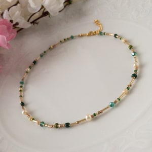 Mixed Bead and Pearl Adjustable Necklace, Dainty Green Yellow Cream and Gold Color Beads Layering Choker, Minimalist Jewelry, Gift for woman image 7