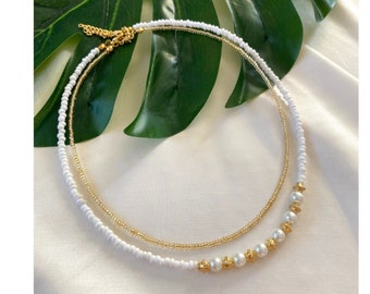 White Bead Golden Color Seed Beads and Pearl Bead Layering Necklaces, 2 pcs Bead Necklace, Gifts Suggestion, Christmas Beaded Necklace