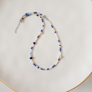 Blue Beaded and Pearl Necklace, Mixed Blue Bead Choker, Cream Bead and Pearl Jewelry, Summer Pendant, Necklace for Women, image 5