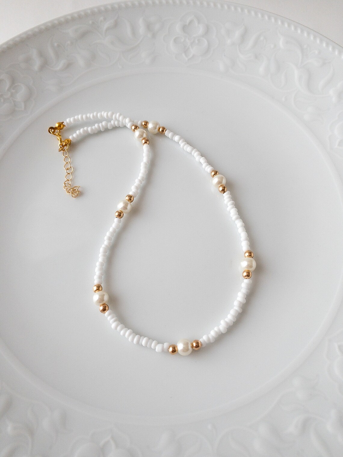 Pearl Beaded Adjustable Necklace White Glass Beaded Necklace Etsy