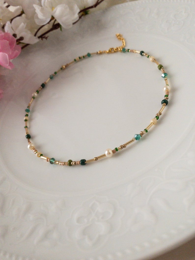 Mixed Bead and Pearl Adjustable Necklace, Dainty Green Yellow Cream and Gold Color Beads Layering Choker, Minimalist Jewelry, Gift for woman image 7
