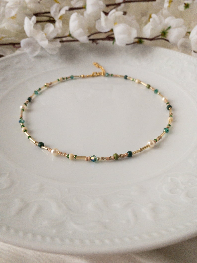 Mixed Bead and Pearl Adjustable Necklace, Dainty Green Yellow Cream and Gold Color Beads Layering Choker, Minimalist Jewelry, Gift for woman image 3