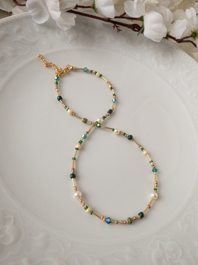 Mixed Bead and Pearl Adjustable Necklace, Dainty Green Yellow Cream and Gold Color Beads Layering Choker, Minimalist Jewelry, Gift for woman image 9