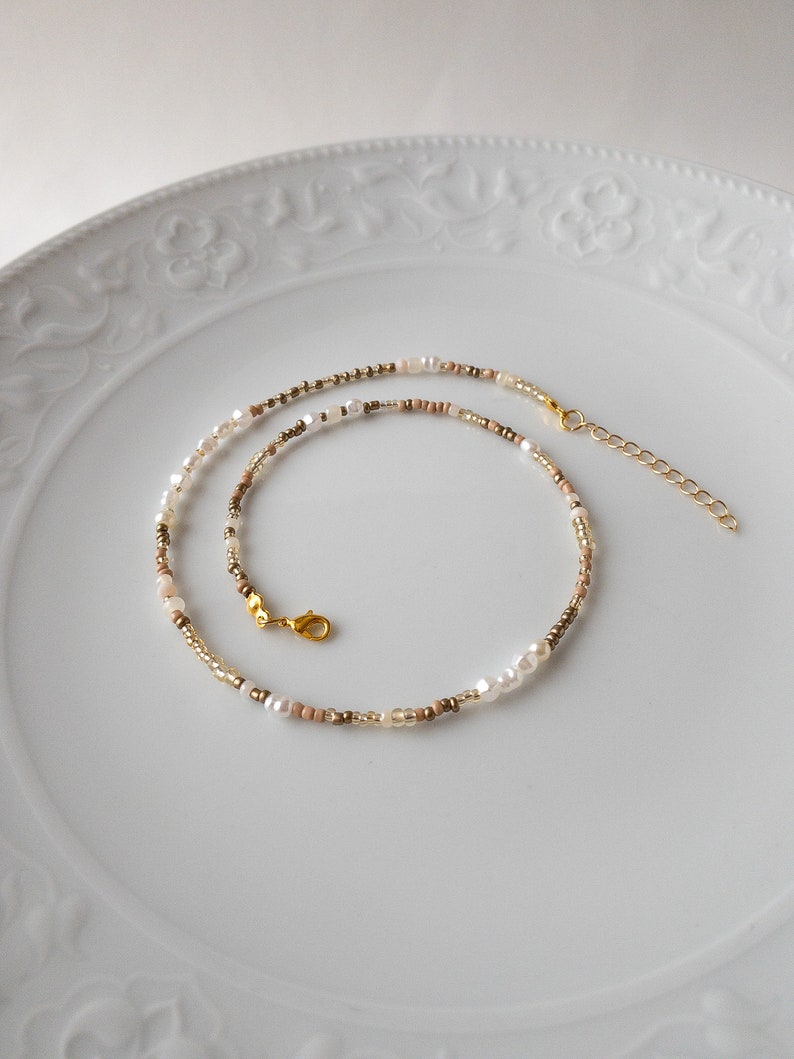 Mixed Bead and Mixed Pearl Bead Adjustable Necklace, Gold Seed Beaded Necklace, Dainty Layering Choker, Glass Seed Bead Jewelry image 2