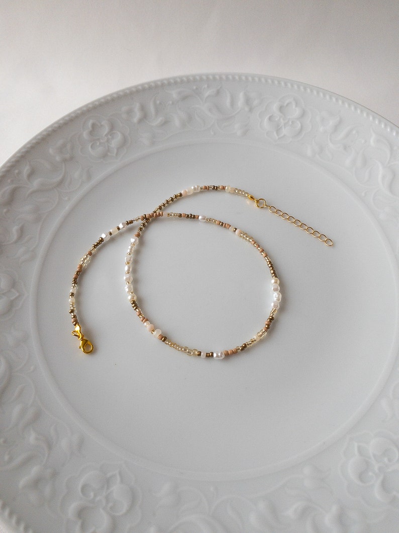 Mixed Bead and Mixed Pearl Bead Adjustable Necklace, Gold Seed Beaded Necklace, Dainty Layering Choker, Glass Seed Bead Jewelry image 4