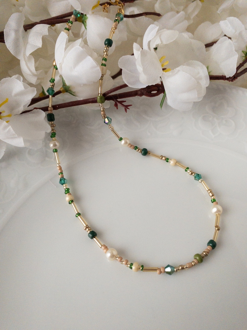 Mixed Bead and Pearl Adjustable Necklace, Dainty Green Yellow Cream and Gold Color Beads Layering Choker, Minimalist Jewelry, Gift for woman image 5