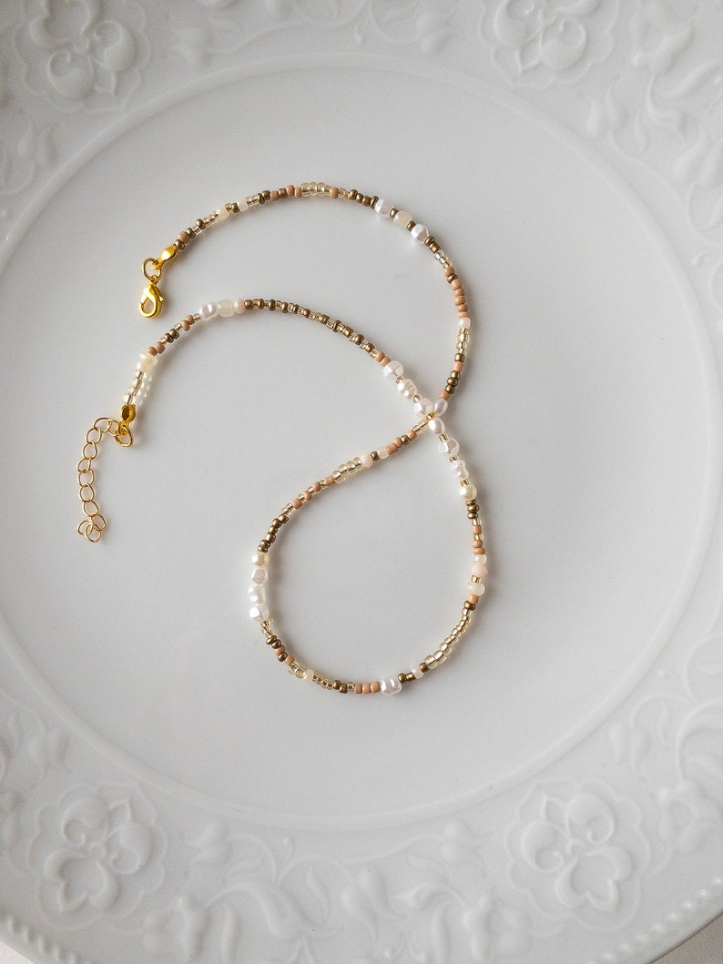 Mixed Bead and Mixed Pearl Bead Adjustable Necklace, Gold Seed Beaded Necklace, Dainty Layering Choker, Glass Seed Bead Jewelry image 8