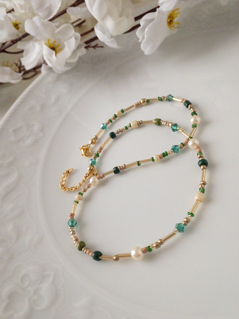 Mixed Bead and Pearl Adjustable Necklace, Dainty Green Yellow Cream and Gold Color Beads Layering Choker, Minimalist Jewelry, Gift for woman image 10