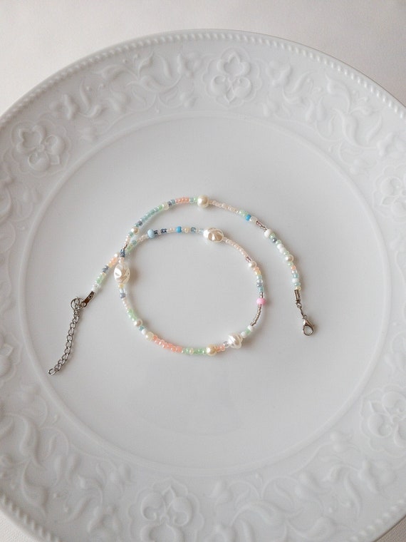 Mixed Color Beaded Necklace, Pearl Beaded and Seed Bead