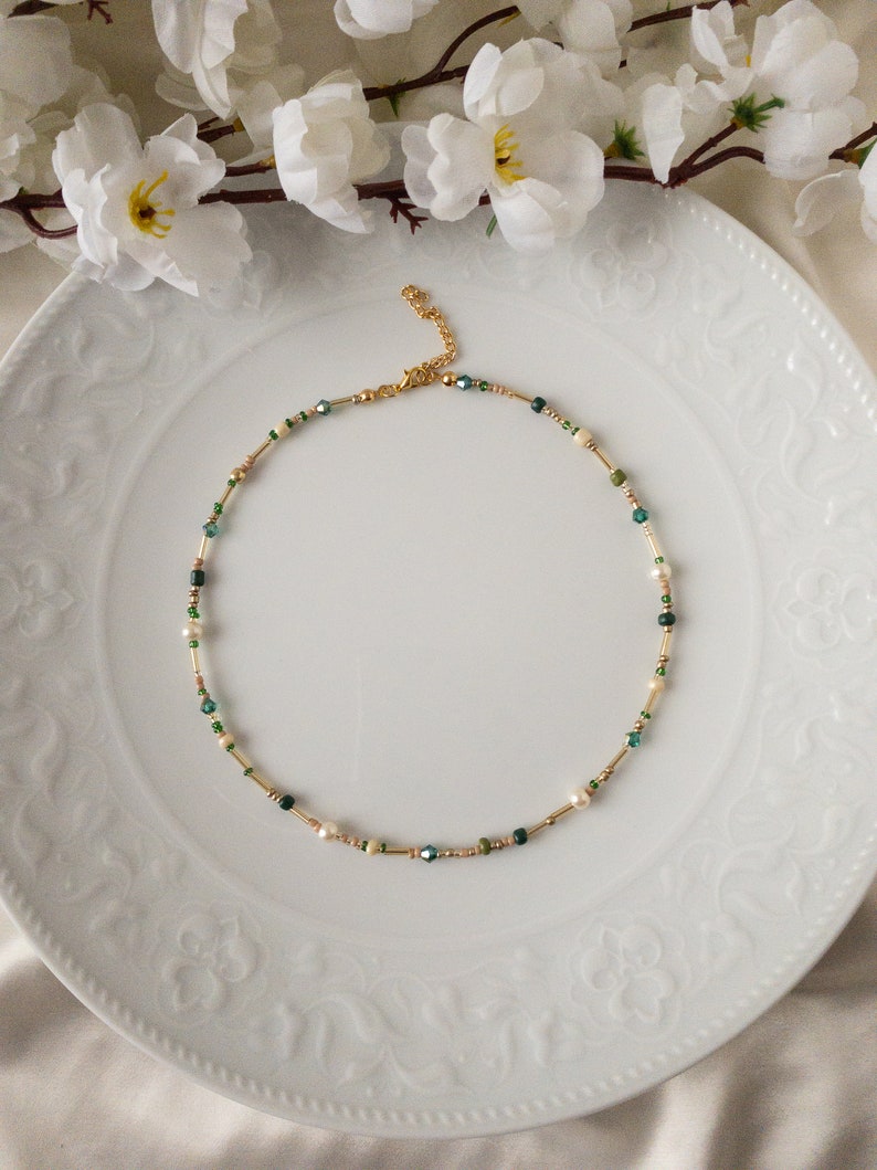 Mixed Bead and Pearl Adjustable Necklace, Dainty Green Yellow Cream and Gold Color Beads Layering Choker, Minimalist Jewelry, Gift for woman image 4