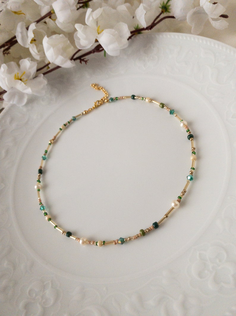 Mixed Bead and Pearl Adjustable Necklace, Dainty Green Yellow Cream and Gold Color Beads Layering Choker, Minimalist Jewelry, Gift for woman image 6