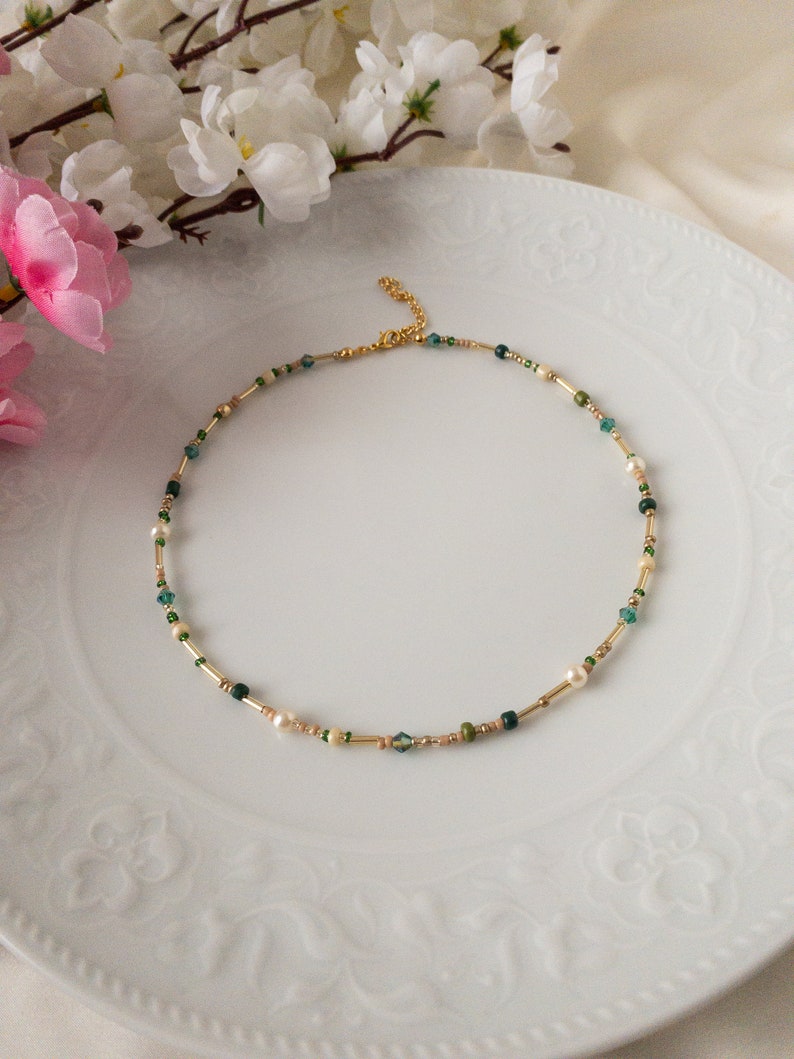 Mixed Bead and Pearl Adjustable Necklace, Dainty Green Yellow Cream and Gold Color Beads Layering Choker, Minimalist Jewelry, Gift for woman image 8