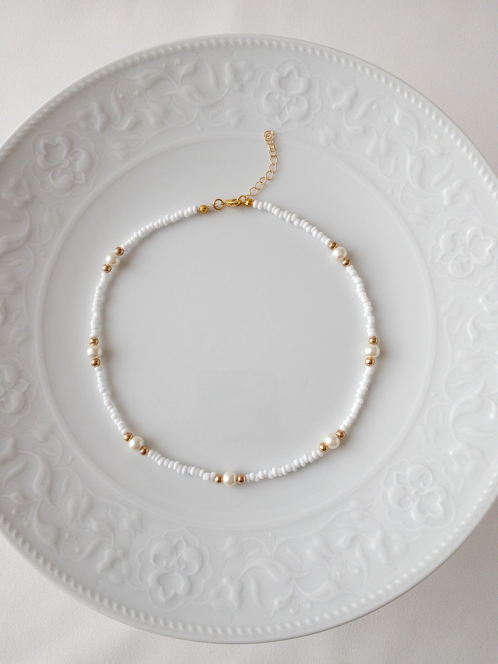 Pearl Beaded Adjustable Necklace White Glass Beaded Necklace Etsy