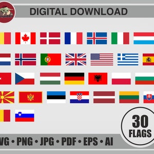 Op de afbeelding: Een digitale download met 30 vlaggen van verschillende landen, waaronder Nederland, de Verenigde Staten en het Verenigd Koninkrijk. De afbeelding bevat de tekst "DIGITALE DOWNLOAD" en bestandsopties op een grijze achtergrond.