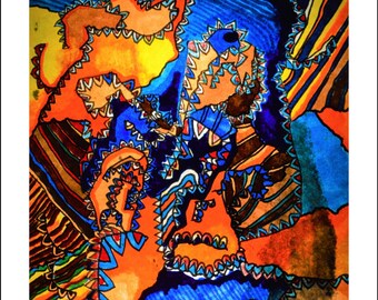 Bird Woman Decorative Hand Drawn design: Vibrant Abstract A4 Print - Framed or Unframed
